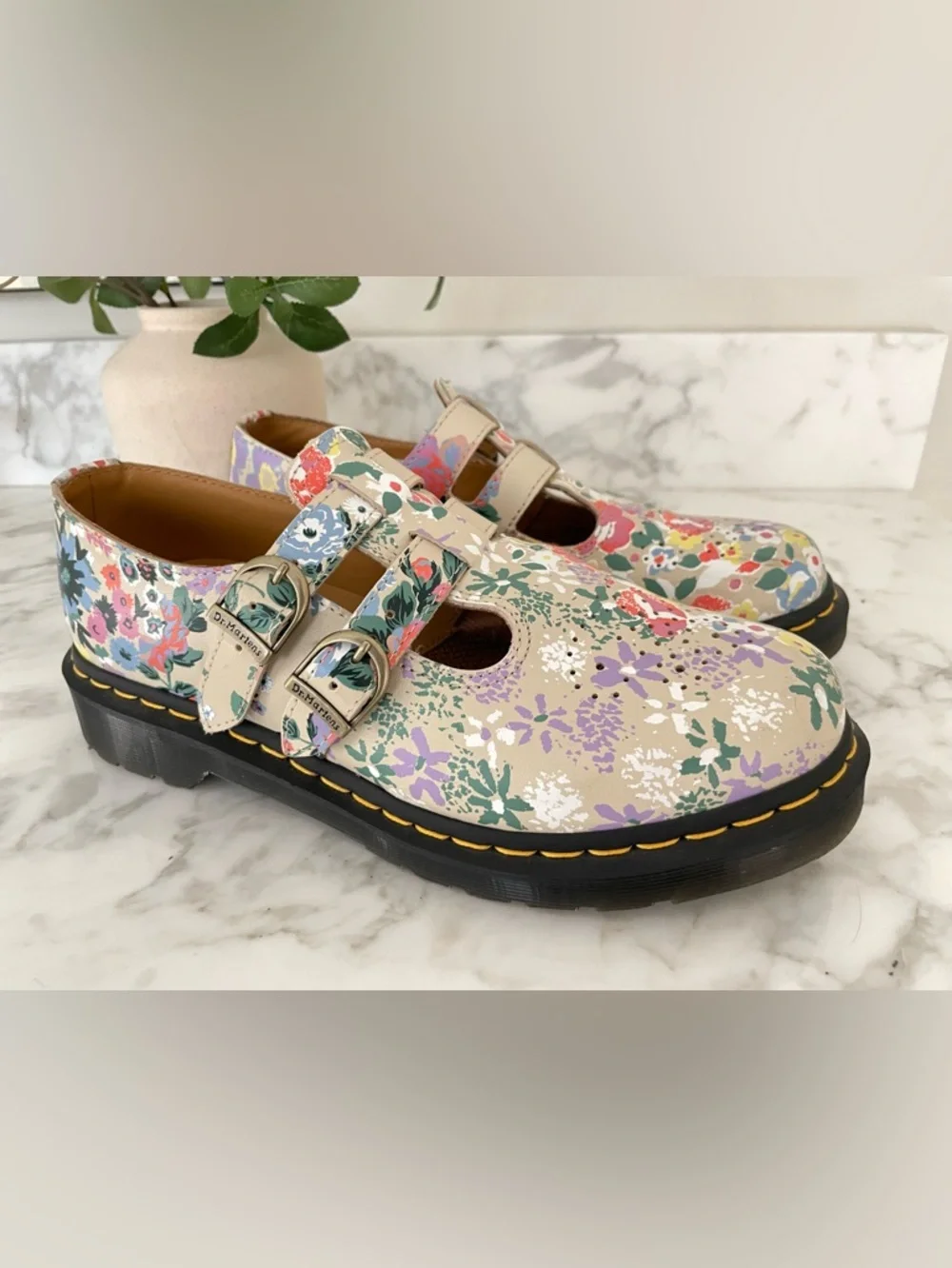 Dr. Martens 8065 Floral Mash Up Mary Jane Parchment Beige Sz 9 Womens - Picture 2 of 9
